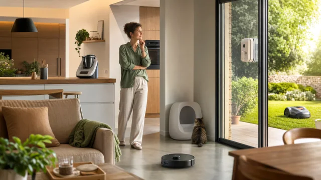 Plusieurs formats de robots domestiques dans une maison habitée